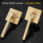 EHOMEWARE 2 Pcs Satin Brass Door Handles, Interior/Exterior Door Knobs with Lock and Key, Gold Entry Door Levers for Bedroom Bathroom or Front Doors, Heavy Duty Modern Door Hardware