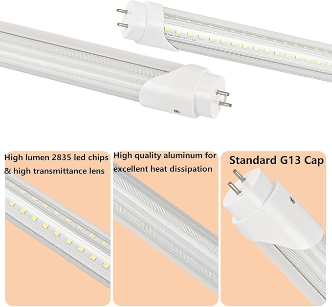 6 Pack 6FT T8 LED Tube Light 40W G13 Bi-Pin Cap Cool White with Bright Dual-Row LEDs T8 T10 T12 Fluorescent Light Bulbs Replacement 6 Foot Shop Lights