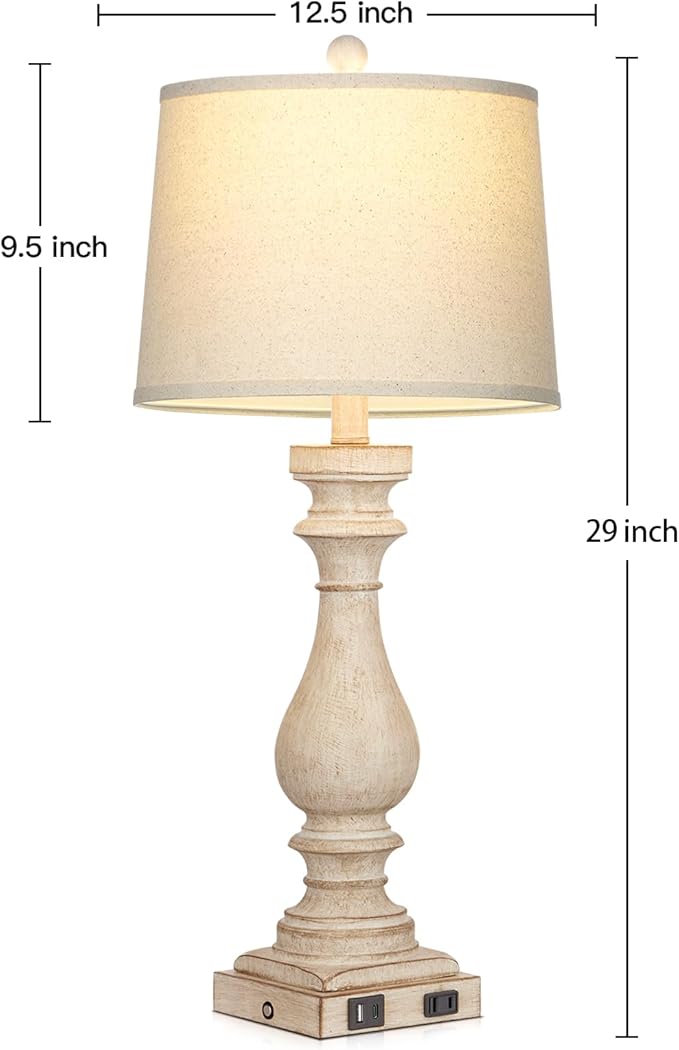 27.5" Farmhouse Table Lamp for Living Room Set of 2,Vintage Bedside Lamps with USB C+A Ports & AC Outlet,3-Way Dimmable Touch Control White Washed Finish Nightstand Lamp for Bedroom,Beige