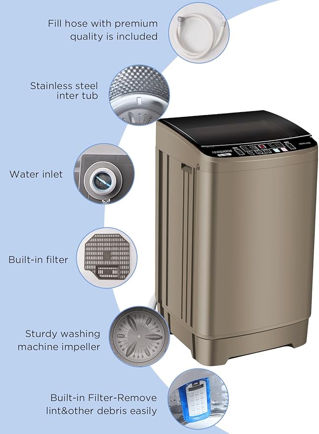 17.7 lbs Full-Automatic Washing Machine with LED Display, Laundry Washer with Drain Pump, 10 Wash Programs 8 Water Levels Washer & Spinner for Home, Apartment, Dorms, Gold