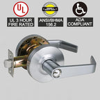 Keyed Entry Grade 2 Commercial Door Locks Heavy Duty Office Door Lever, Non-Handed, UL 3 Hour Fire Rated, ADA Compliant, Satin Chrome Finish 26D, 2-3/4''Backset X-XG-ET-70