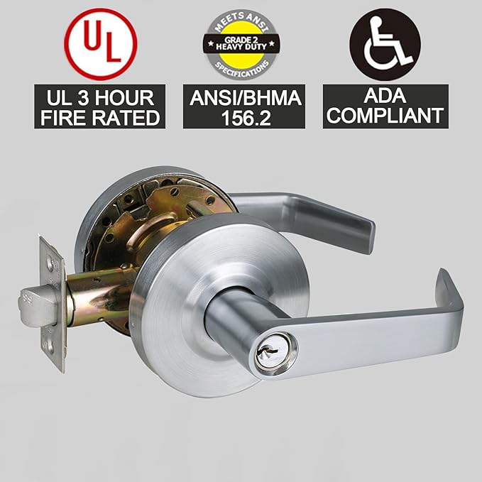 Keyed Entry Grade 2 Commercial Door Locks Heavy Duty Office Door Lever, Non-Handed, UL 3 Hour Fire Rated, ADA Compliant, Satin Chrome Finish 26D, 2-3/4''Backset X-XG-ET-70