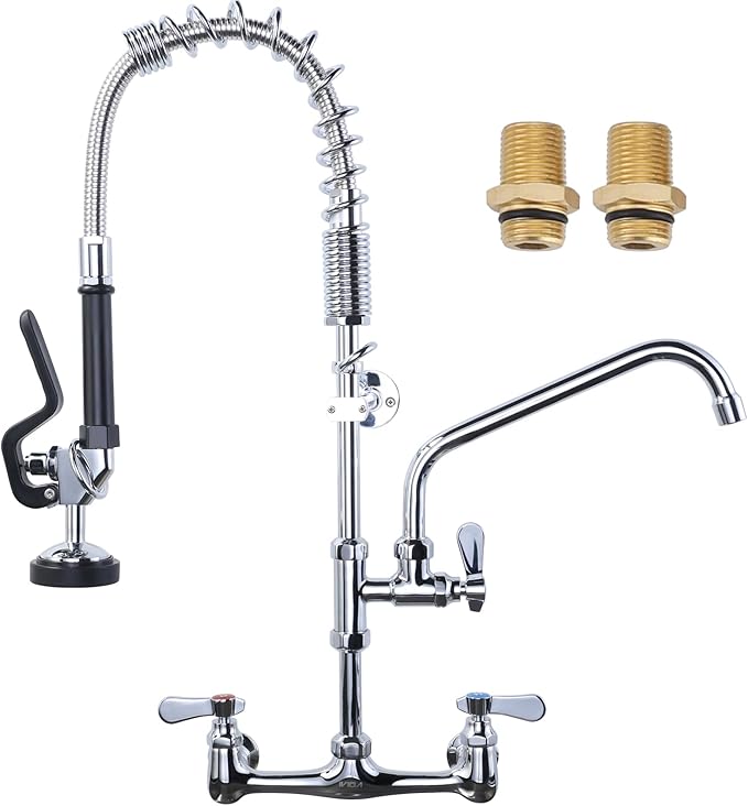 25" Height Commercial Faucet Wall Mount with Sprayer 8" Adjustable Center 9.6" Swing Spout, Kitchen Sink Faucet with Pull Down Pre-Rinse Sprayer for Restaurant Industrial Kitchen, Chrome