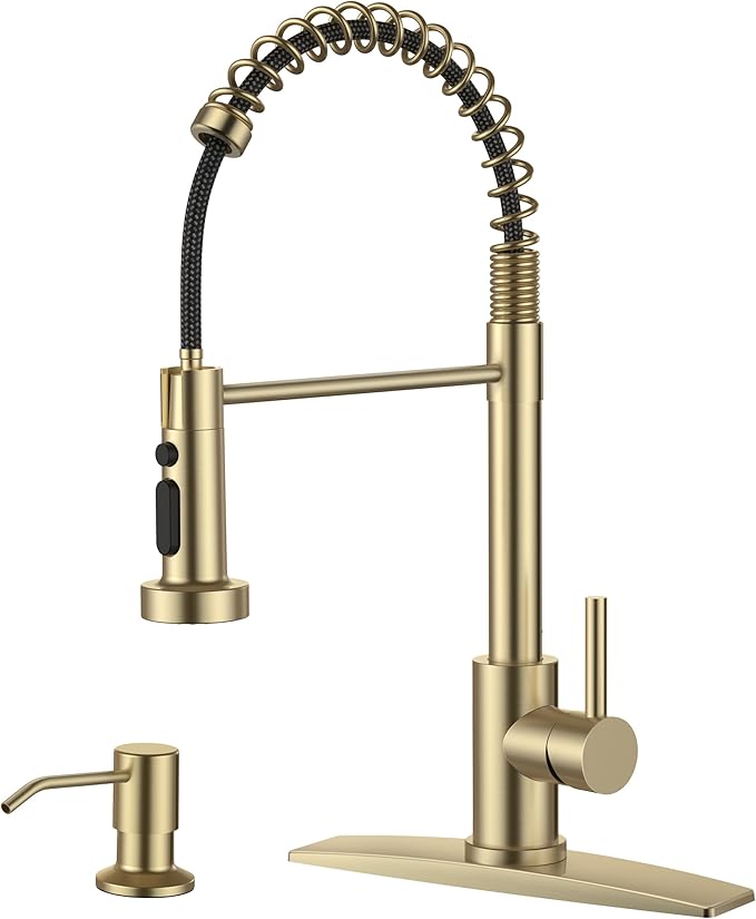 FORIOUS Kitchen Faucet with Soap Dispenser, Gold Stainless Steel Single Handle Modern Spring Commercial Sink Faucet with Pull Down Sprayer for Laundry & Utility Room RV Camp Bar Farmhouse
