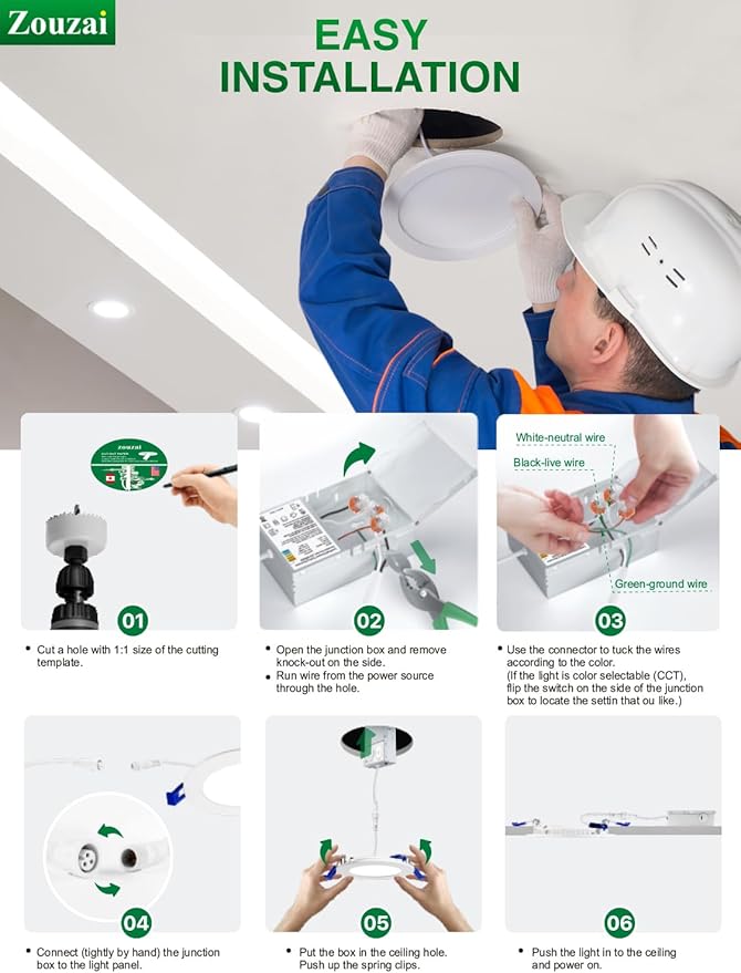 zouzai 24 Pack 6 Inch Ultra-Thin LED Recessed Ceiling Light with Junction Box, 6000K Clear White, 12W 110W Eqv, Dimmable Downlight, 1080LM High Brightness - ETL Certified