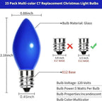 25 Pack C7 Multicolor Christmas Replacement Bulbs,C7 E12 Candelabra Base,Vintage Ceramic Glass Lights,120V 5W Incandescent Night Light Bulbs for Patio, Roofline, Garden, Wedding, Party Decorations