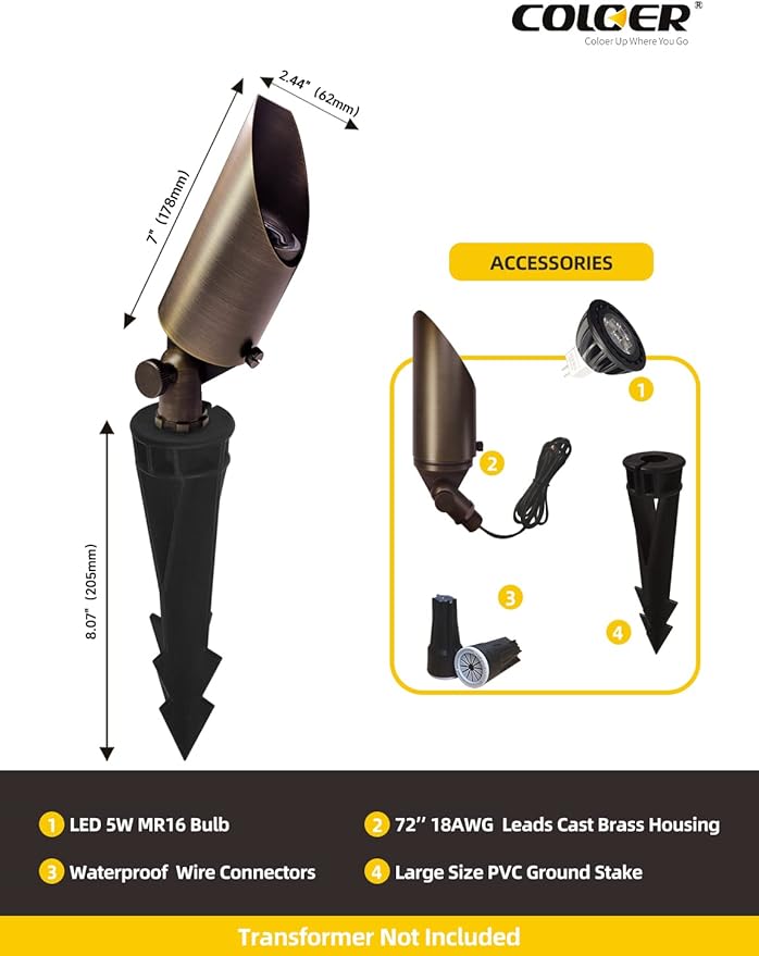 COLOER Brass Landscape Spotlights,12 Pack Spotlight Fixture Outdoor with 5W Aluminum Housing MR16 LED Bulb 2700K 450LM,12V AC/DC Low Voltage Landscape Lighting, Uplight for Garden and Patio(103B)