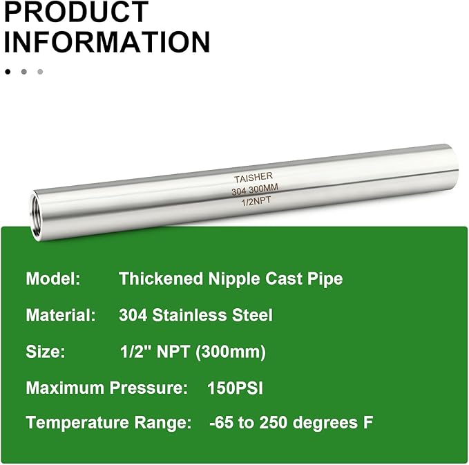 TAISHER 2PCS Stainless Steel Pipe Fittings, 1/2" NPT Female x 1/2" NPT Female Threaded, 12" Length Thickened Nipple Cast Pipe