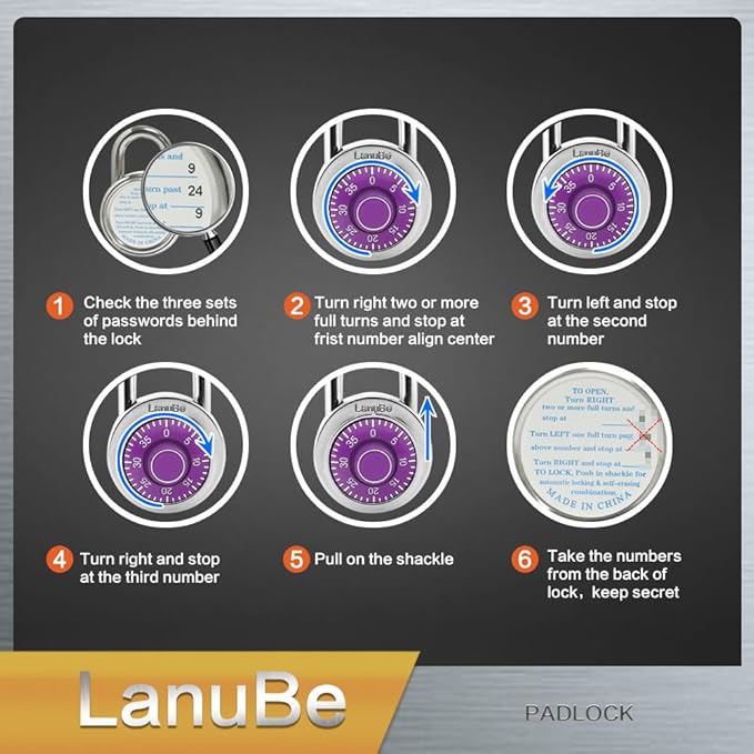 LanuBe Standard Dial Combination Lock, 2 inches. Wide, with Different Combinations, Purple Turnplate, Pack of 60; Lock for School, Employee, Gym Sports Locker, Case, Toolbox