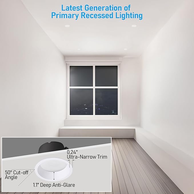 TORCHSTAR 4 Inch 5CCT LED Anti Glare LED Recessed Lights with J-Box, Narrow Trim Recessed Ceiling Light, Deep Trim Canless Downlight, Dimmable, CRI 90, 2700-5000K Selectable, ETL T24 FCC, Pack of 4