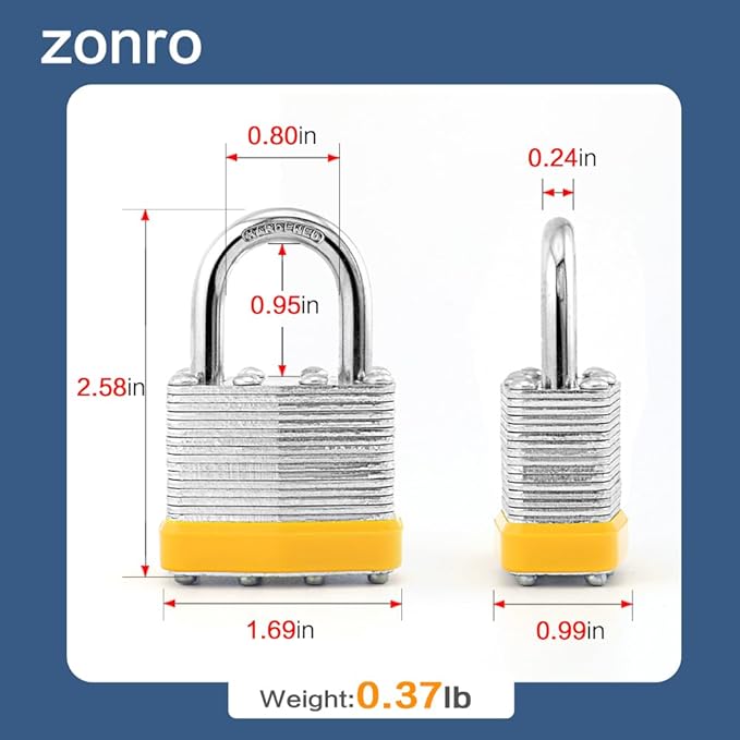 ZonRo Locks Laminated Steel Keyed Padlocks,Keyed Alike Locks, 1-9/16 inch Wide,Normal Shackle Padlocks, Pack of 12，Yellow Hoop, for Hasp Latch, Sheds, Fences, Storage Locker, School, Gym