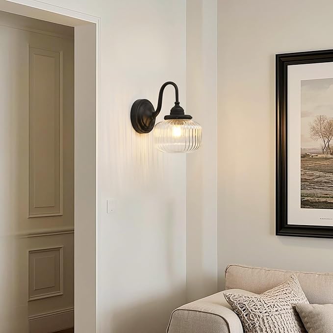 Vintage Gooseneck Wall Sconce 1-Light with Clear Striped Glass Globe Shade Indoor Hardwired Wall Mounted Lamp Fixture