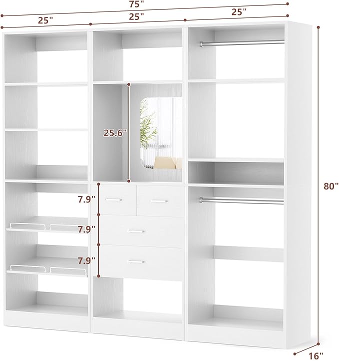 Unikito 75” Closet System with Drawers, 6.2FT Wood Closet Organizer with Hanging Rods and Mirror, Reversible Large Walk in Closets Wardrobe Garment Rack with Shoe Shelves, Max Load 2000 LBS, White