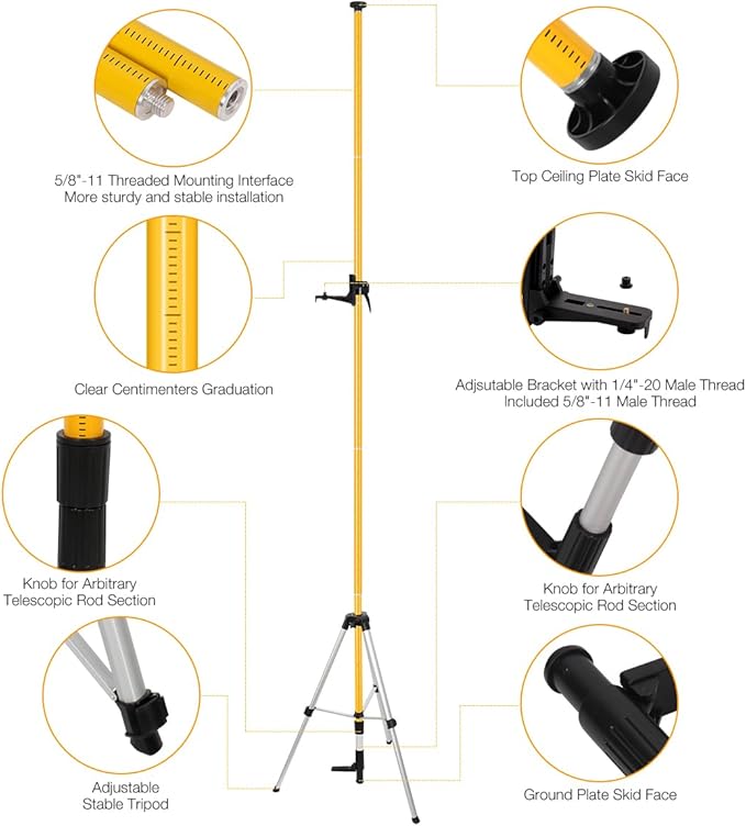 12Ft/3.7M Professional Laser Level Pole with Tripod & Mount - 1/4" & 5/8" Adapters, Adjustable Telescoping Laser Level Pole for Rotary/Line Lasers