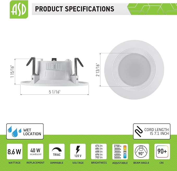 ASD Retrofit LED Recessed Lighting 4 Inch | 9W 700 Lm Wet Rated Dimmable Ceiling Downlights | 2700K-5000K Adjustable CRI90 White Room Recessed Light Fixtures | LED Can Lights, UL 12 Pack