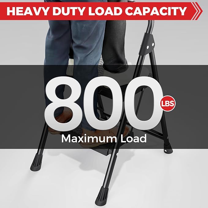 KINGRACK Step Ladder, Portable Folding Step Stool with Anti-Slip Wide Pedals, Heavy Sturdy Steel with Handrail, Safe-Lock Design, 800lbs Load Capacity, for Home and Kitchen, Black (2 Step Ladder)