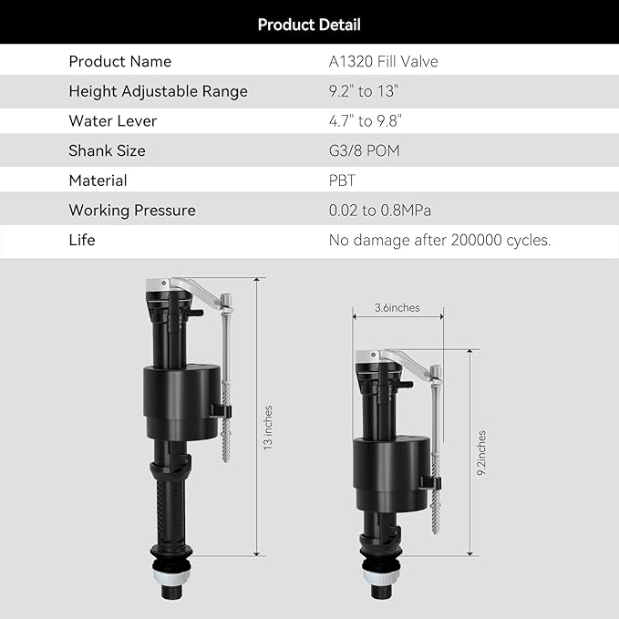 R&T Toilet Fill Valve A1320, Toilet Repair Kit Inside Tank, Universal Toilet Replacement Kit, Quiet and Fast Fill Water, Height Adjustable, Easy to Install