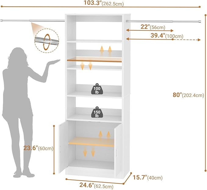 8FT Closet System, 96 Inch Closet Organizer System with Hanging Rods, Heavy Duty Clothing Rack with Cabinet, Walk In Mounted Closet System, Built-In Clothes Garment Rack, White