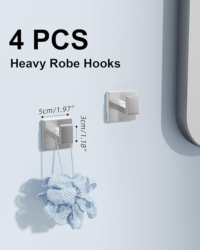 Brushed Nickel Bathroom Hardware Set, 10-Piece Stainless Steel Square Bathroom Towel Rack Set with 2× 24" Towel Bars, 2× TP Holders with Shelves, 2× Rings, 4× Robe Hooks