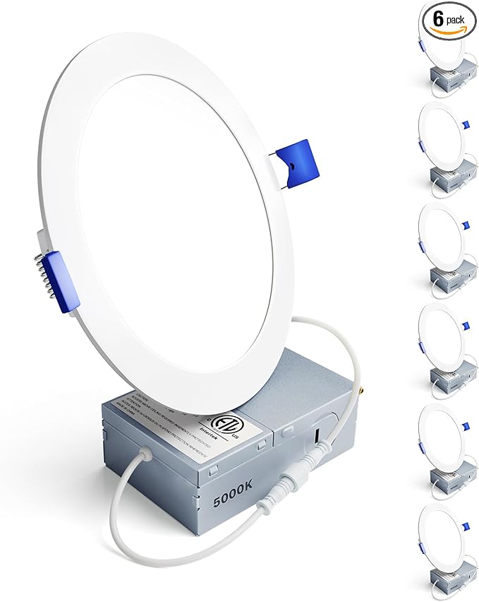 Ensenior 6 Pack 6 Inch LED Recessed Light, Dimmable, 5000K Daylight, 1050LM High Brightness, 12W 120V, Damp Rated, Ultra-Thin Canless Wafer Ceiling Light - ETL & FCC & IC