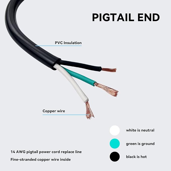 2 Pack 6 ft 14/3C SJTW Appliance and Power Tool Cord, 14 Gauge 3 Prong Heavy Duty Replacement Power Supply Cord Cable, 110V 115V 120V AC Pigtail, 15A, 1875w