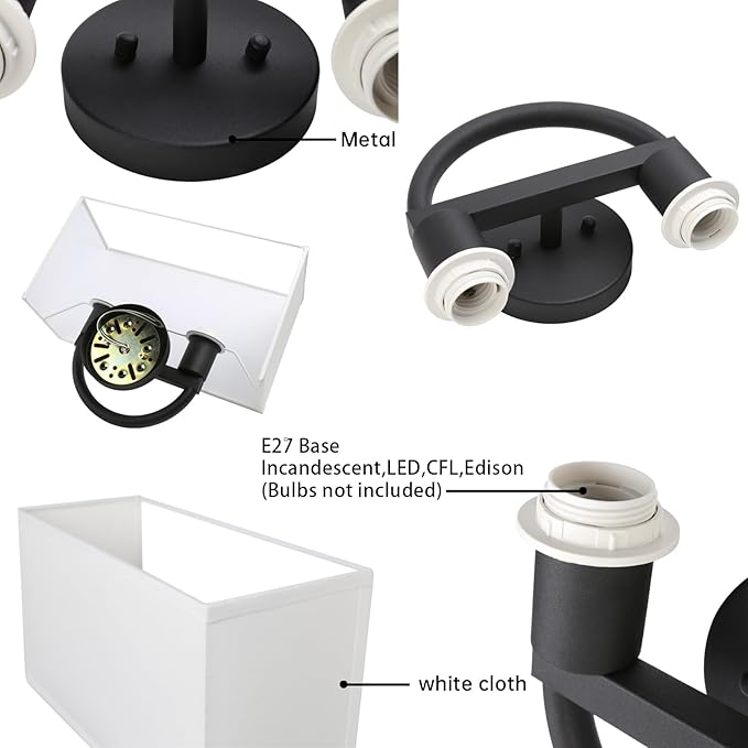 Industrial 2-Lights Wall Sconce Fixtures with White Textile Shade, Vintage Double Head Wall Light Lamps Decor for Hallway Bedroom Living Room Bathroom Corridor