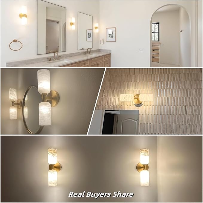 Alabaster Wall Sconces Set of Two, 14in Modern Spanish Natural Marble Bathroom Vanity Sconces, Brass Alabaster Sconce Wall Lighting, Gold Wall Light Fixtures Decor for Bedroom Living Room Staircases