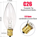 25 Pack Candle Light Bulbs,Crystal Clear Torpedo Tip Candelabra Replacement Bulbs Fit C7/E12 Candelabra Base,7 Watt C26 Replacement Night Light Bulb for Electric Window Candle Lights