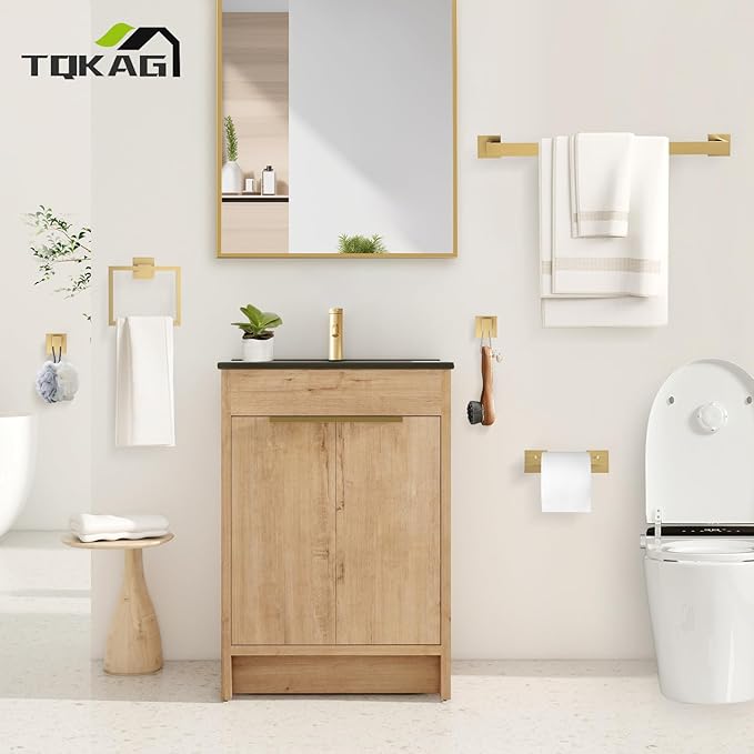 TQKAG Brushed Gold Bathroom Hardware Accessories Set 5 Pieces, Double Post Pivoting Toilet Paper Holder Set Stainless Steel Square Bathroom Towel Bar Holder Set Wall Mounted