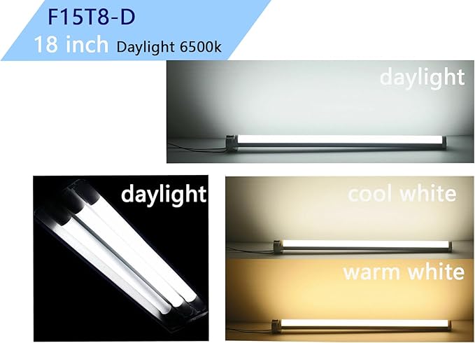 F15T8-D Daylight 15W Fluorescent Bulb,18'' F15T8/DL 6500K T8 Linear Preheat Lighting Lamps, G13 bi-pin Base