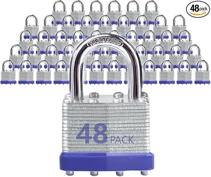 Lock Outdoor Padlocks, Key Lock, Padlocks with Same Key - Laminated Steel Keyed Padlocks with Normal Shackle, 48 Pack, for Hasp Latch, Sheds, Fences, Storage Locker, School, Gym