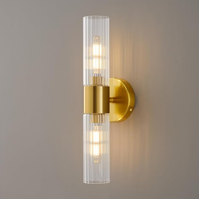 Bathroom Light Fixtures 2-Light, Modern Vanity Light for Bathroom, Wall Sconce, Bath Light with Glass Rods Shades for Mirror Bedroom Hallway (Brushed Brass)