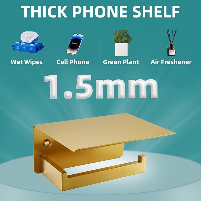 Toilet Paper Holder with Shelf Brushed Gold, APLusee SUS 304 Stainless Steel Modern Bathroom Accessories Tissue Roll Dispenser Storage