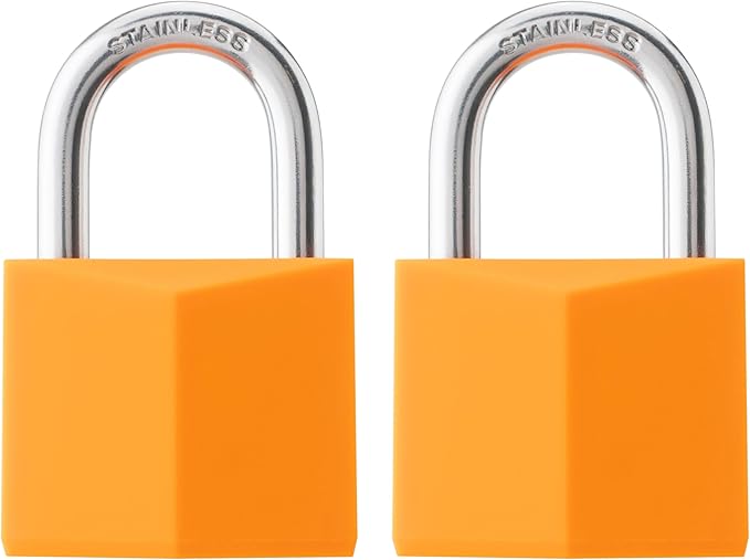 2-Pack Keyed Alike Locks, Orange Covered Brass Keyed Padlock with Stainless Steel Shackle, 1-9/16 Inch Lock Body, Rustproof Locks for Luggage Gate Fence Hasp Cabinet Toolbox Gym School Locker
