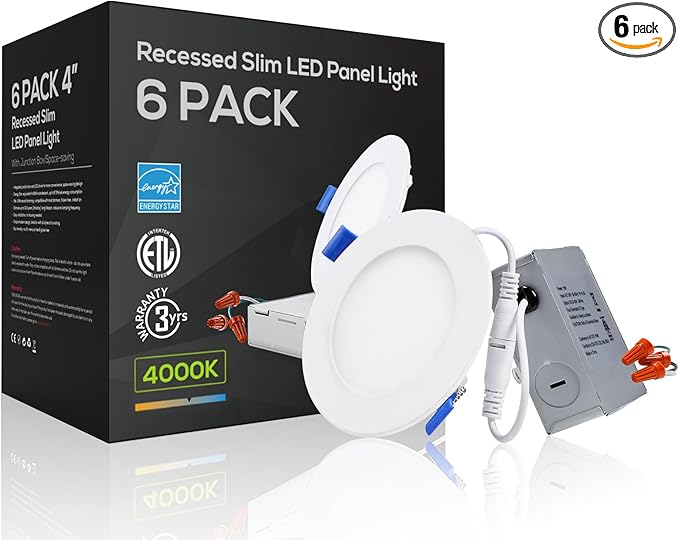 TORCHSTAR 4 Inch Slim LED Recessed Lighting with Junction Box, Dimmable 10W Ultra-Thin Recessed Light, 4000K Cool White, 650LM Basic Series LED Downlight, ETL & Energy Star, Pack of 6