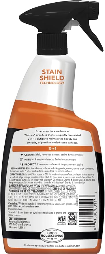 Weiman Granite Cleaner Polish and Protect, Streak Free, pH Neutral Formula for Daily Use on Interior & Exterior Natural Stone with Microfiber Towel, 3 in 1-2 Pack