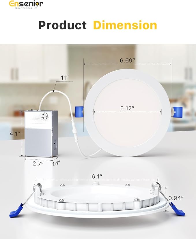 Ensenior 12 Pack 6 Inch LED Recessed Ceiling Light, Dimmable, 4000K Cool White, 1050LM 12W 120V, High Brightness Canless Wafer Downlight - ETL&FCC&IC