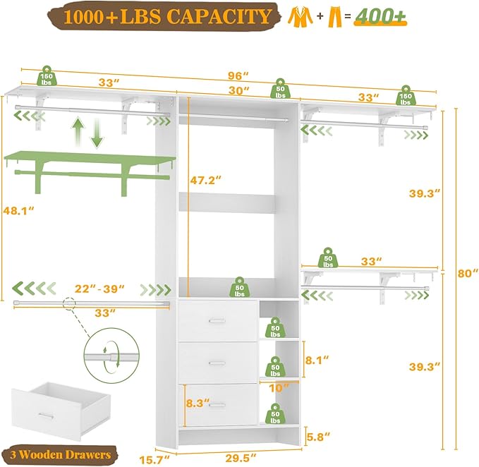 Aheaplus Closet System, Closet Organizer with 3 Wooden Drawers, 8FT Closet Organizer System, 96’’ Walk-in Closet Wardrobe Clothes Rack with Hanging Rods, Garment Rack, Fits 5.3-9 ft, -W3,White