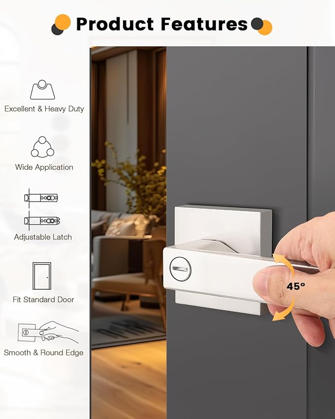 Gobrico Square 3 Pack Satin Nickel Privacy Door Locksets,Square Interior Door Levers for Bed/Bath,Thumb-Turn Button Inside