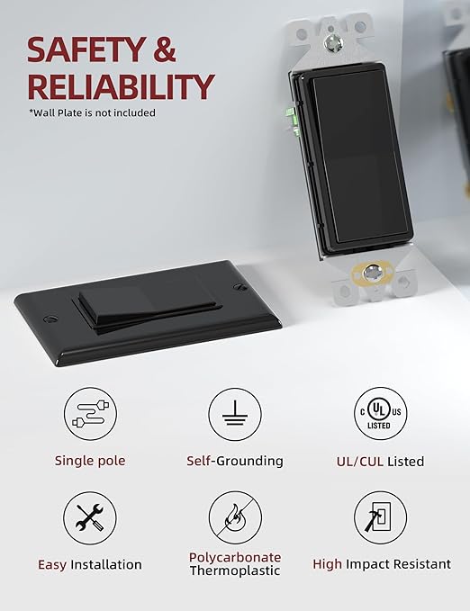 AIDA Single Pole Rocker Decora Light Switch, 15 Amp Self-grounding Electrical Light Switches, Residential Grade, UL Listed (20 Pack, Glossy Black)