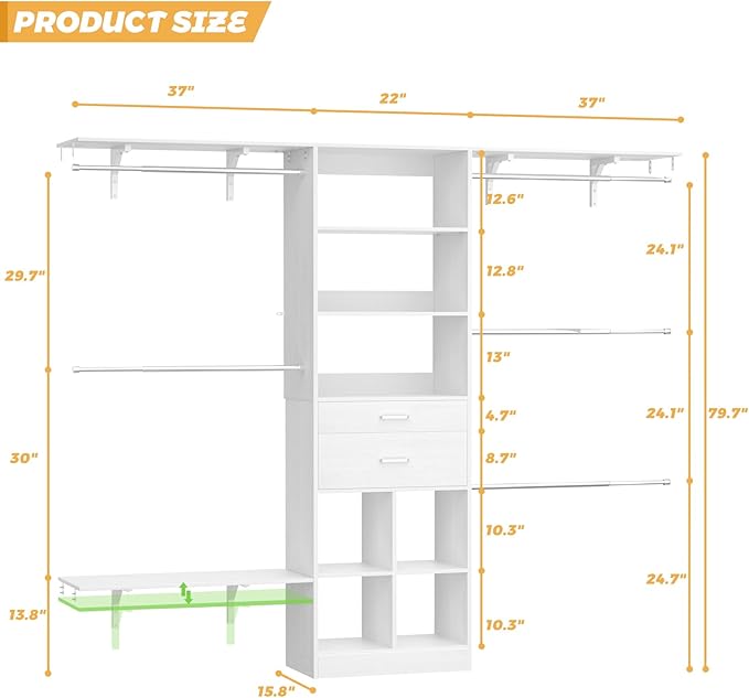Closet System - 4.75-8FT Closet Organizer System with Wooden Drawers & Cube Storage Organizer, Up To 96" Closet Systems for Nursery & Walk-In Closets with Cuttable Hanging Shelving, White