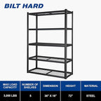 BILT HARD Garage Shelving 3000 LBS 36" W x 18" D x 72" H, Heavy Duty 5-Tier Metal Shelving Units with Adjustable Shelf, Steel Wire Utility Storage Shelves