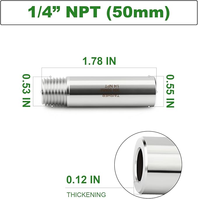 TAISHER 2PCS 304 Stainless Steel Pipe Fittings, 1/4" NPT Male Threaded, 2" Length Weld Nipple Cast Pipe