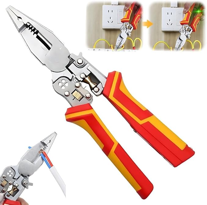 8-in-1 Wire Stripper Tool | 1000V Voltage Tester + Crimper/Cutter | 10-24 AWG Electrical Pliers with Non-Slip Grip (ETL Certified)