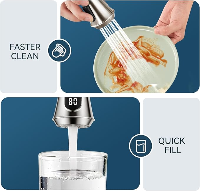 FORIOUS LED Kitchen Faucet with Pull Down Sprayer, Brushed Nickel, Single Handle Modern Stainless Steel Sink Faucet with Temperature Digital Display, Suitable for Farmhouse Camper Rv Bar