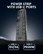 Surge Protector Power Strip 20FT, PLUGTUL Surge Protector with 10 Outlets - Spacious Design for Large Plugs, Flat Plug, 20W USB C Charging for Home, Office, ETL Listed, 2040J