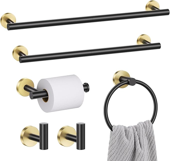 Black and Gold Towel Bar Set 6 Pieces Bathroom Hardware Accessories Set Include 19.68/23.6 in Towel Bar Towel Ring Towel Hook and Toilet Paper Holder Stainless Steel Wall Mounted
