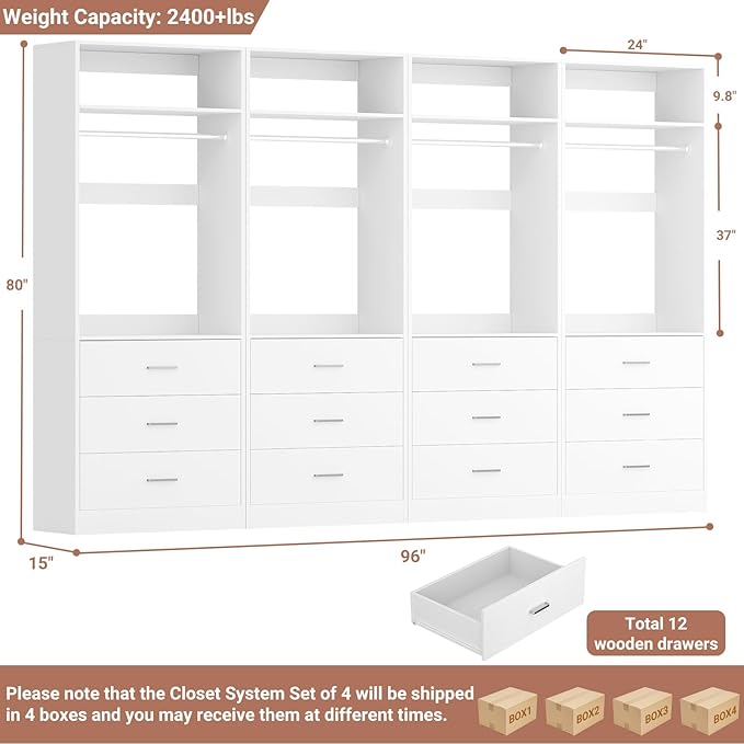 Closet System Set of 4, 8FT Closet Systems with 12 Wood Drawers, 96" Closet Organizer System with 4 Hanging Rods & 4 Shelves, Heavy Duty 96 Inch Walk-in Closet, White (96"L x 15" W x 80" H)