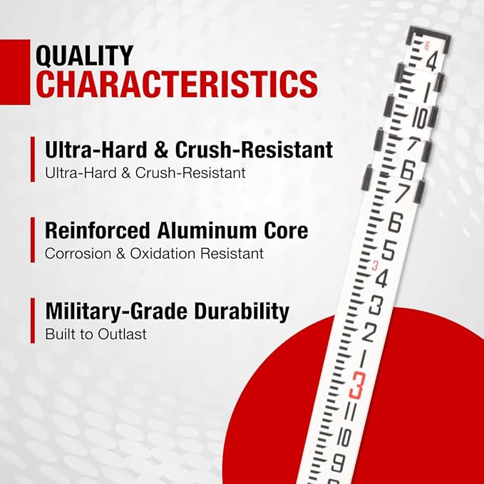 16-Foot Aluminum Grade Rod - 10ths Double-Sided Scale, 5-Section Telescopic Leveling Rod with Bubble Level & Carrying Case for Surveying, Laser Alignment, Walls, Floors