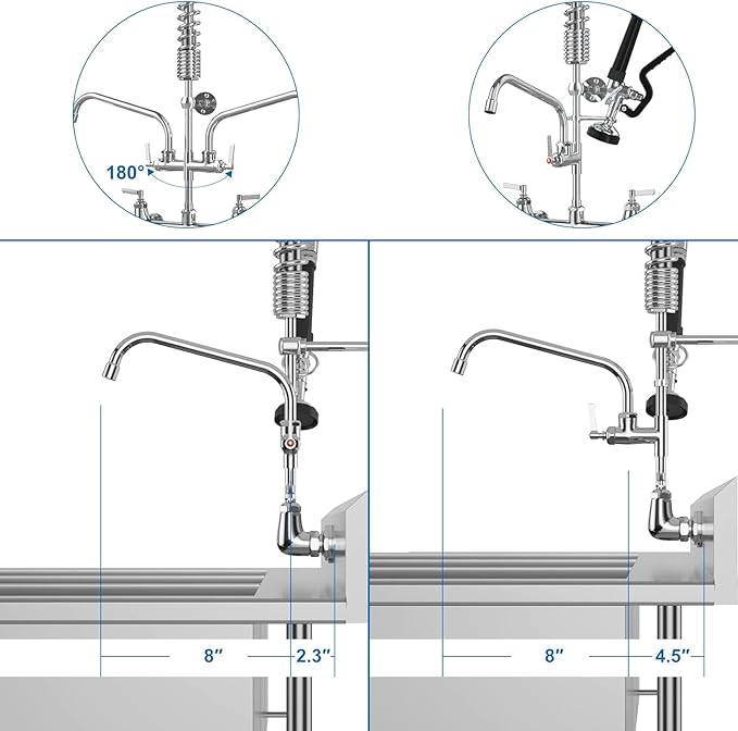 Commercial Wall Mount Kitchen Sink Faucet with Sprayer - 21" Height 8 inch Center, Add-on 8" Swing Spout Pre-Rinse Sprayer for 1 or 2 Compartment Sink